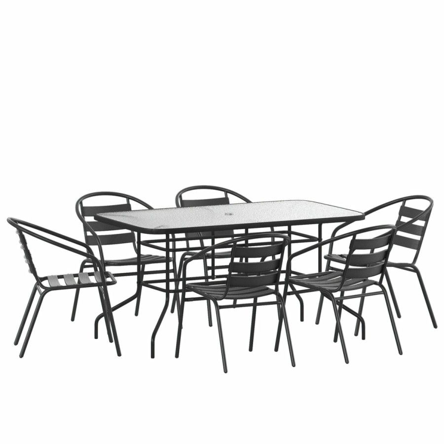 More FLASH | Brazos 7 Piece Outdoor Patio Dining Set - Tempered Glass Patio Table, 6 Flex Comfort Stack Chairs