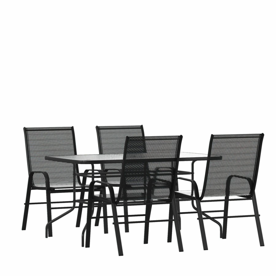 More FLASH | Brazos 5 Piece Outdoor Patio Dining Set - Tempered Glass Patio Table, 4 Flex Comfort Stack Chairs