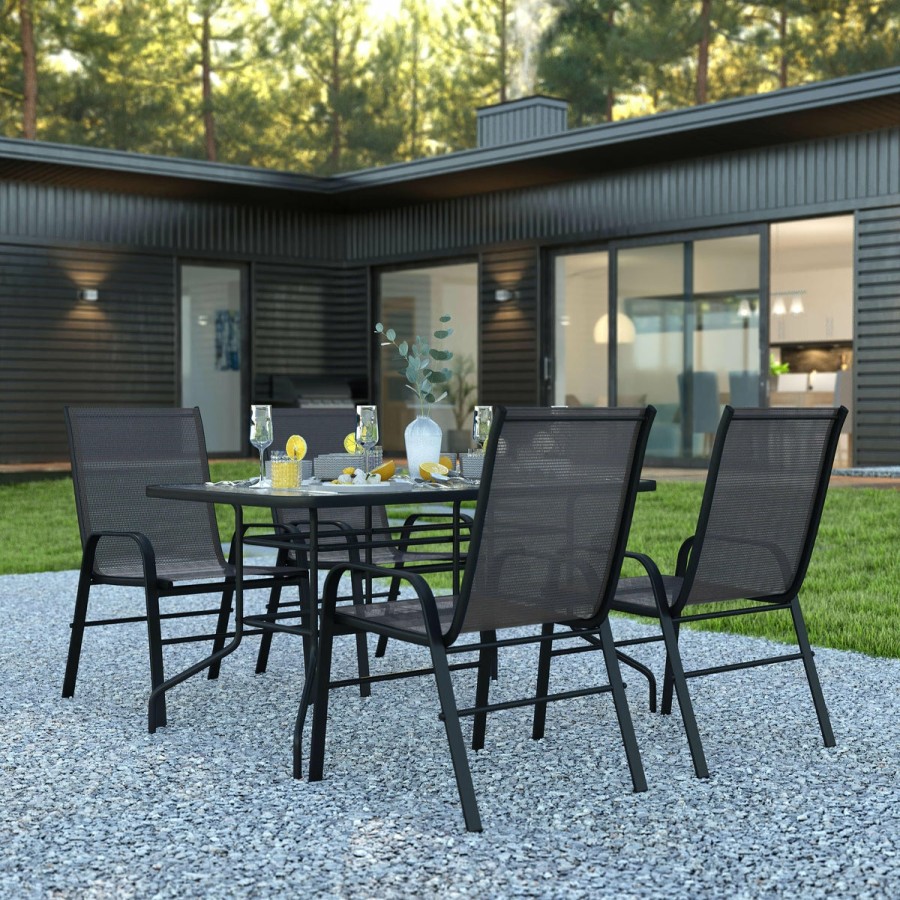 More FLASH | Brazos 5 Piece Outdoor Patio Dining Set - Tempered Glass Patio Table, 4 Flex Comfort Stack Chairs