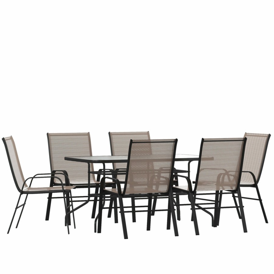 More FLASH | Brazos 7 Piece Outdoor Patio Dining Set - Tempered Glass Patio Table, 6 Flex Comfort Stack Chairs