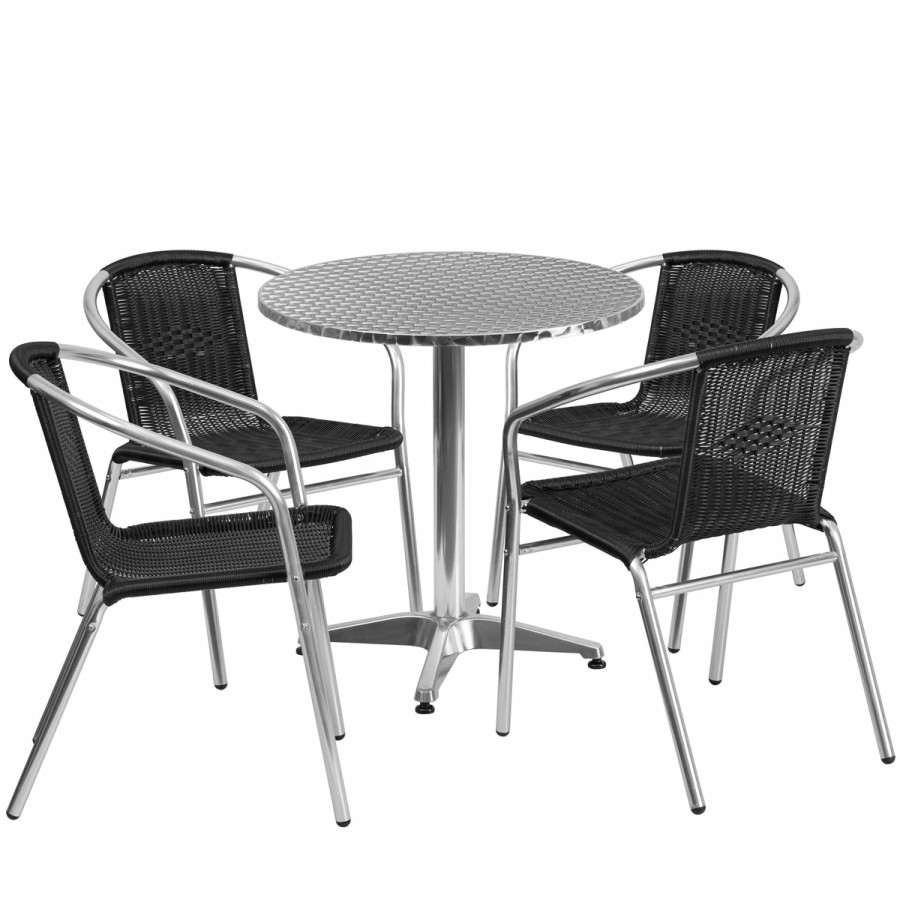 More FLASH | Lila 27.5'' Round Aluminum Indoor-Outdoor Table Set With 4 Rattan Chairs