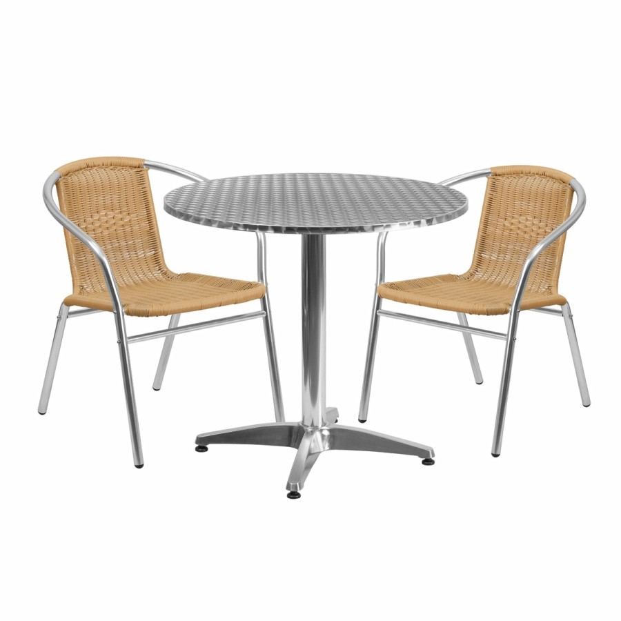 More FLASH | Lila 31.5'' Round Aluminum Indoor-Outdoor Table Set With 2 Rattan Chairs