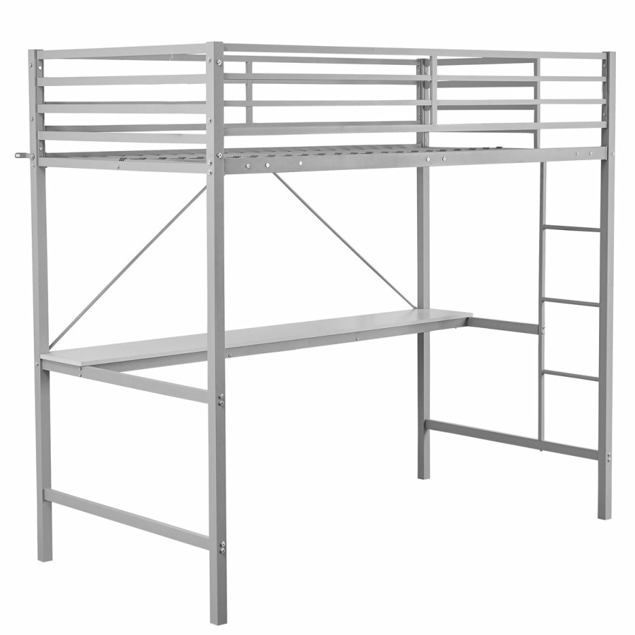 More FLASH | Jake Metal Loft Bed Frame With Desk, Protective Guard Rails And Ladder For Kids, Teens And Adults