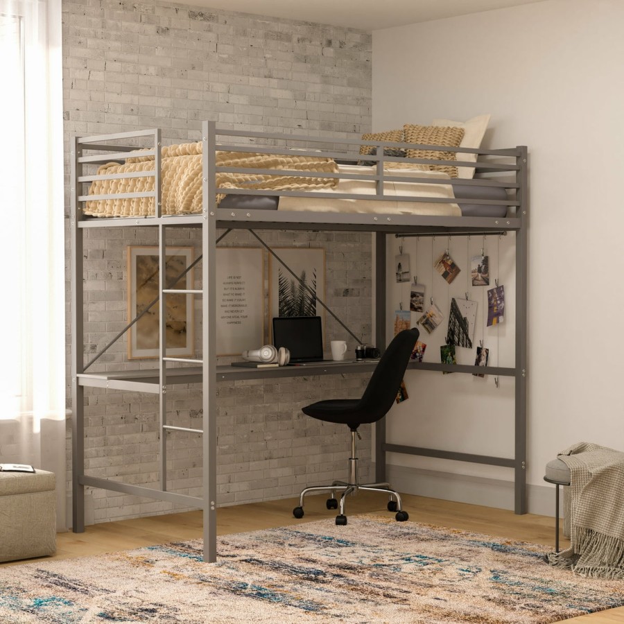 More FLASH | Jake Metal Loft Bed Frame With Desk, Protective Guard Rails And Ladder For Kids, Teens And Adults