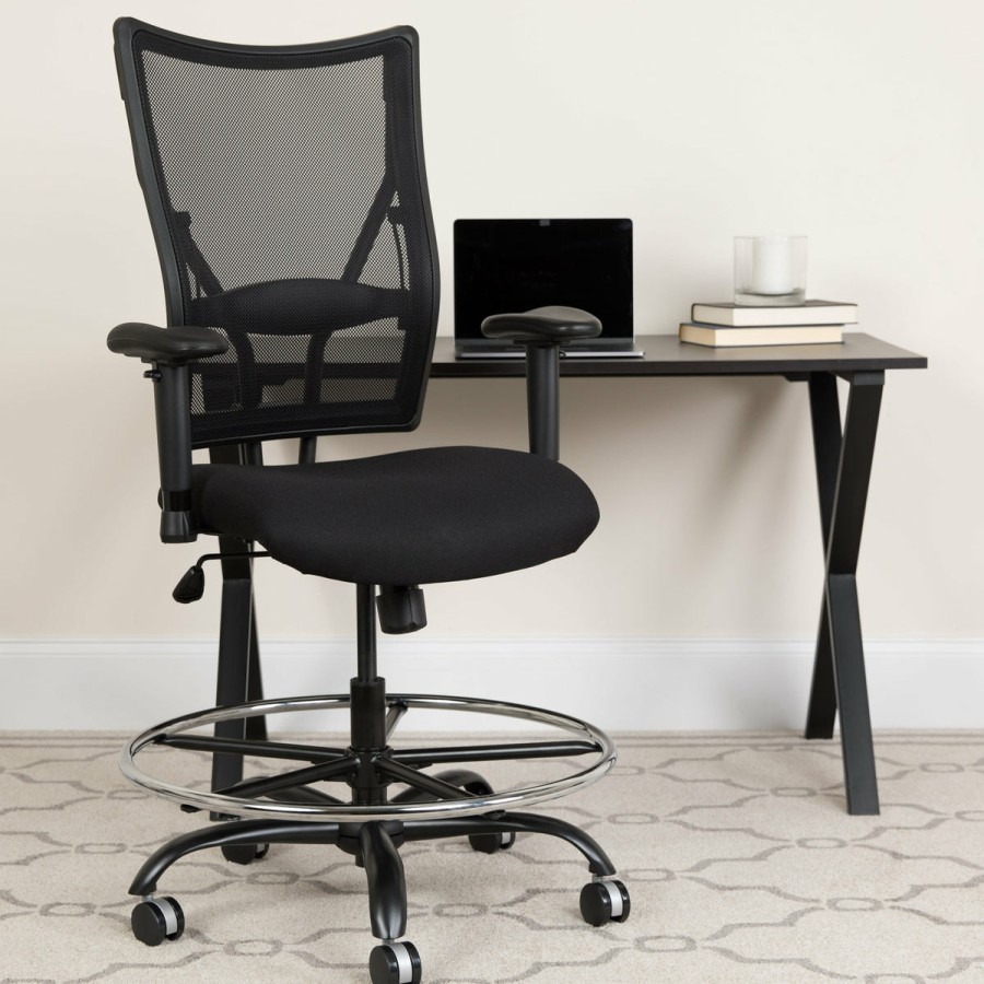 Office & Reception FLASH Drafting Stools | Hercules Series 400 Lb. Capacity Big & Tall Mesh Ergonomic Drafting Chair With Height Adjustable Arms