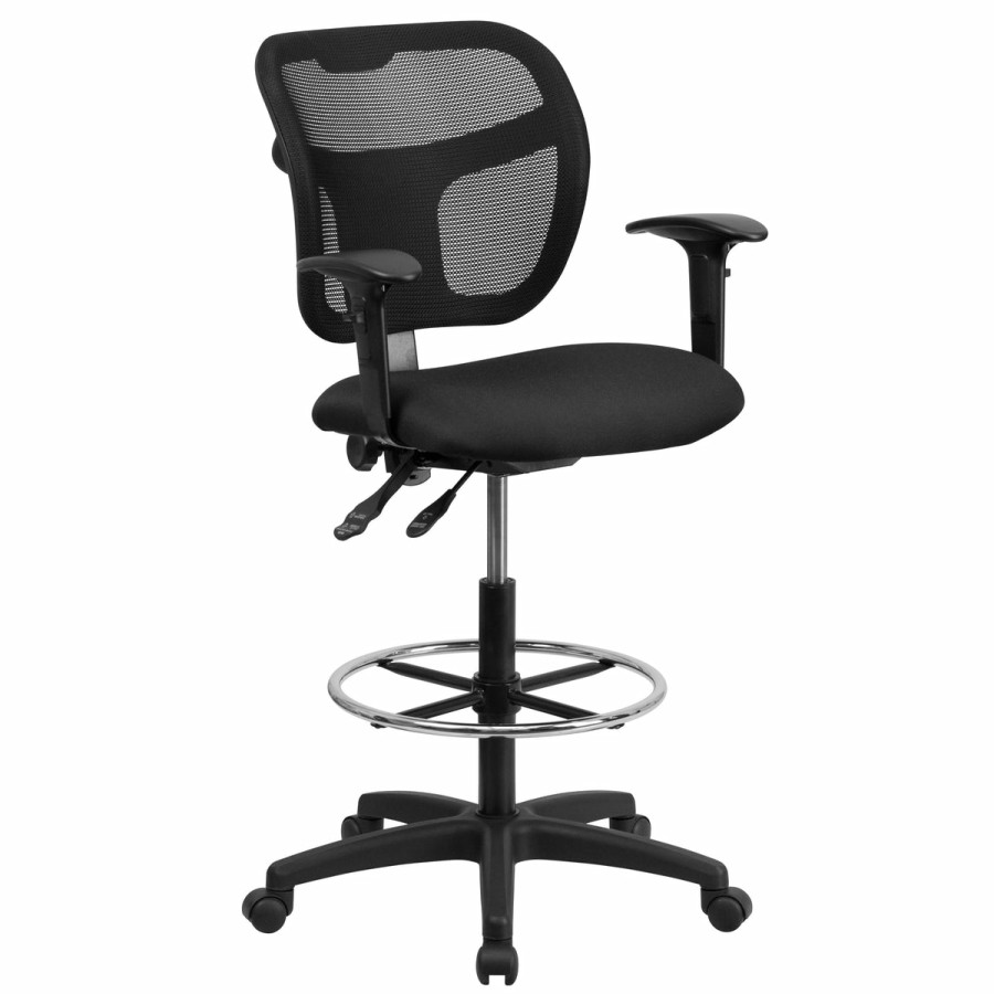 Office & Reception FLASH Drafting Stools | Mid-Back Mesh Drafting Chair With Back Height Adjustment And Adjustable Arms