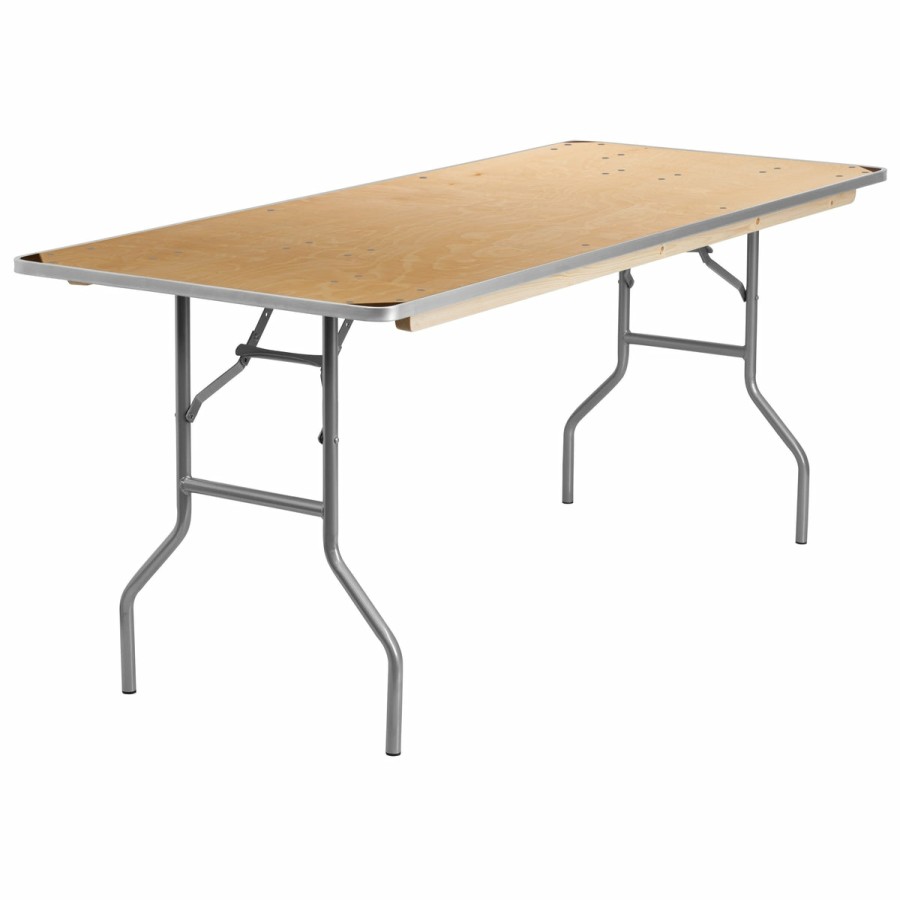 Folding & Event FLASH Wood Folding Tables | 6-Foot Rectangular Heavy Duty Birchwood Folding Banquet Table With Metal Edges And Protective Corner Guards