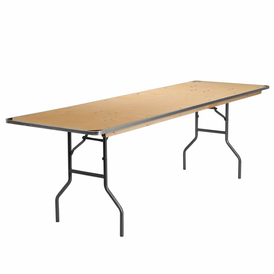 Folding & Event FLASH Wood Folding Tables | 8-Foot Rectangular Heavy Duty Birchwood Folding Banquet Table With Metal Edges And Protective Corner Guards