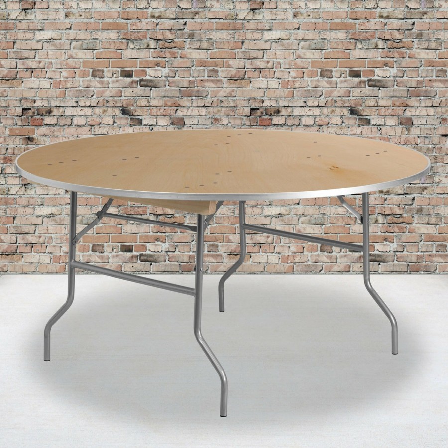 Folding & Event FLASH Wood Folding Tables | 5-Foot Round Heavy Duty Birchwood Folding Banquet Table With Metal Edges