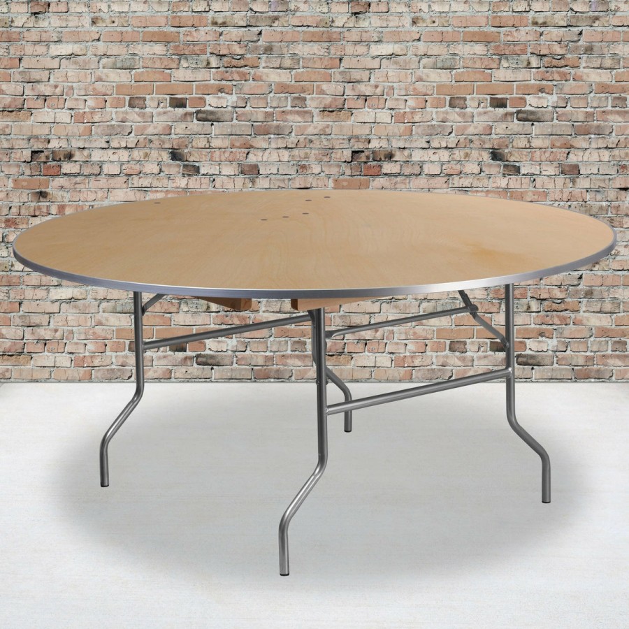 Folding & Event FLASH Wood Folding Tables | 5.5-Foot Round Heavy Duty Birchwood Folding Banquet Table With Metal Edges