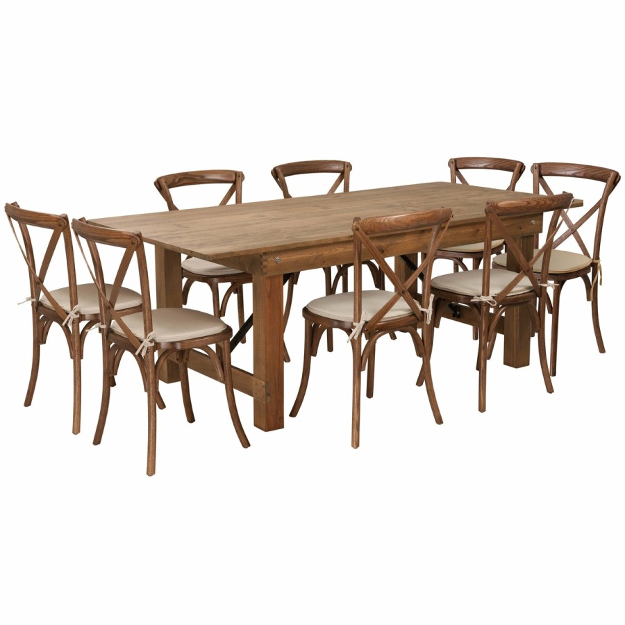 More FLASH | Hercules Series 7' X 40'' Folding Farm Table Set With 8 Cross Back Chairs And Cushions