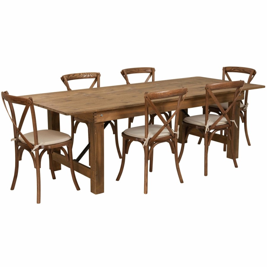 More FLASH | Hercules Series 8' X 40'' Folding Farm Table Set With 6 Cross Back Chairs And Cushions