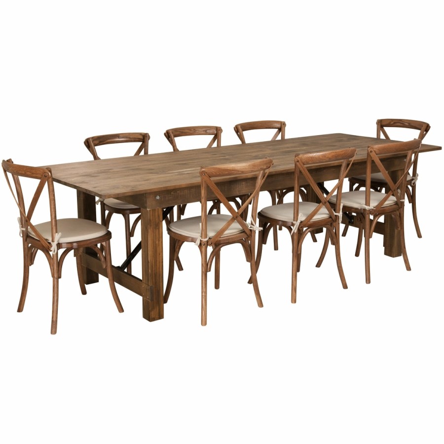 More FLASH | Hercules Series 9' X 40'' Folding Farm Table Set With 8 Cross Back Chairs And Cushions