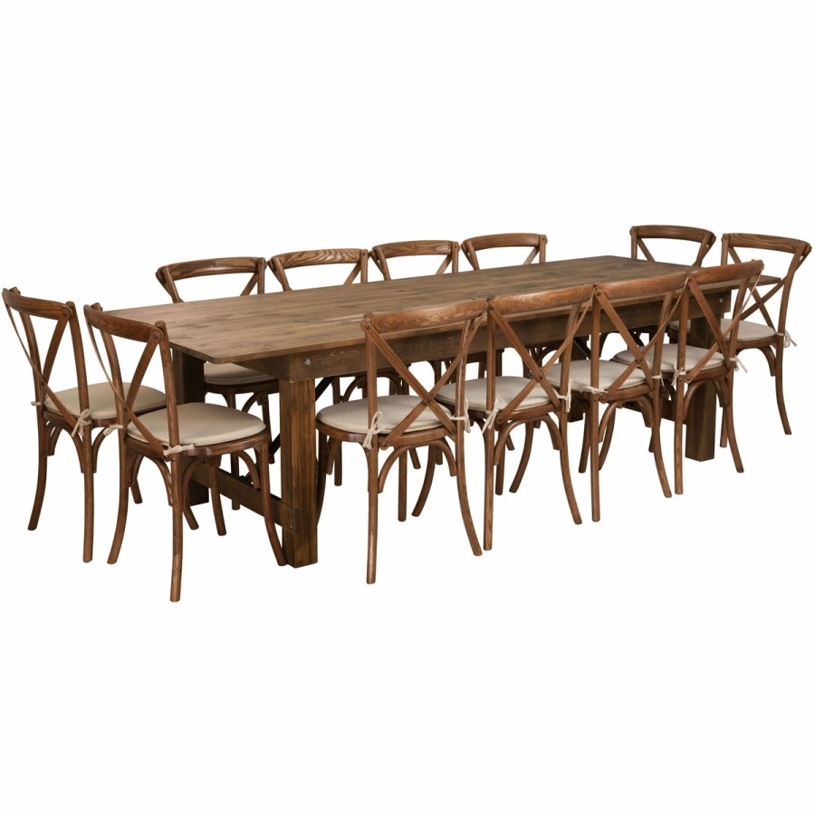 More FLASH | Hercules Series 9' X 40'' Folding Farm Table Set With 12 Cross Back Chairs And Cushions