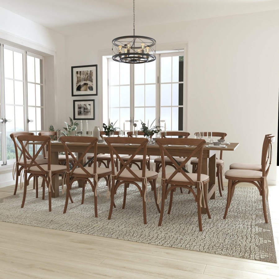 More FLASH | Hercules Series 9' X 40'' Folding Farm Table Set With 12 Cross Back Chairs And Cushions