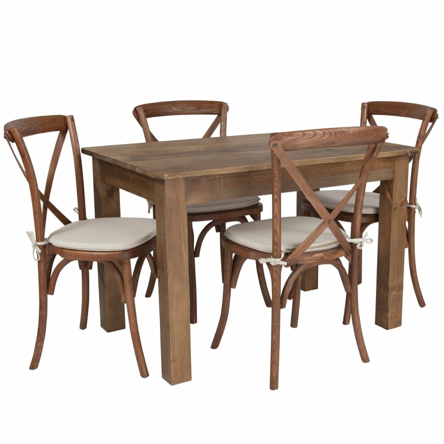 More FLASH | 46" X 30" Farm Table Set With 4 Cross Back Chairs And Cushions