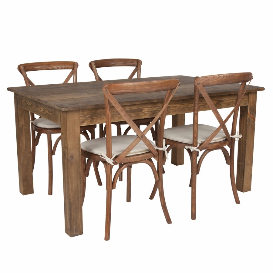 More FLASH | 60" X 38" Farm Table Set With 4 Cross Back Chairs And Cushions