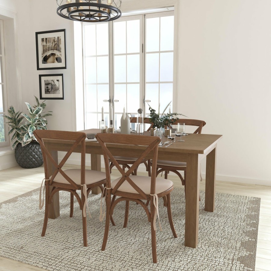 More FLASH | 60" X 38" Farm Table Set With 4 Cross Back Chairs And Cushions