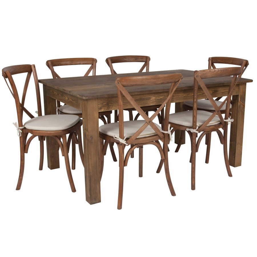 More FLASH | 60" X 38" Farm Table Set With 6 Cross Back Chairs And Cushions