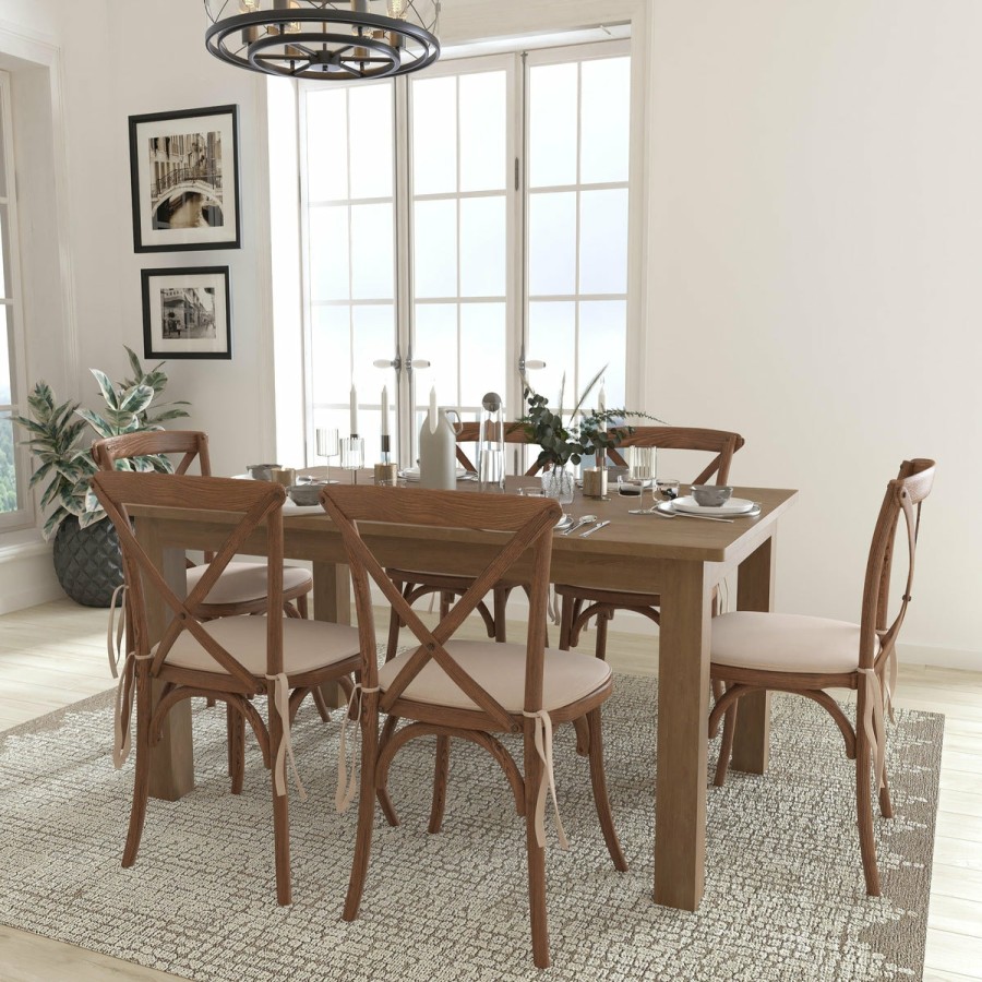 More FLASH | 60" X 38" Farm Table Set With 6 Cross Back Chairs And Cushions