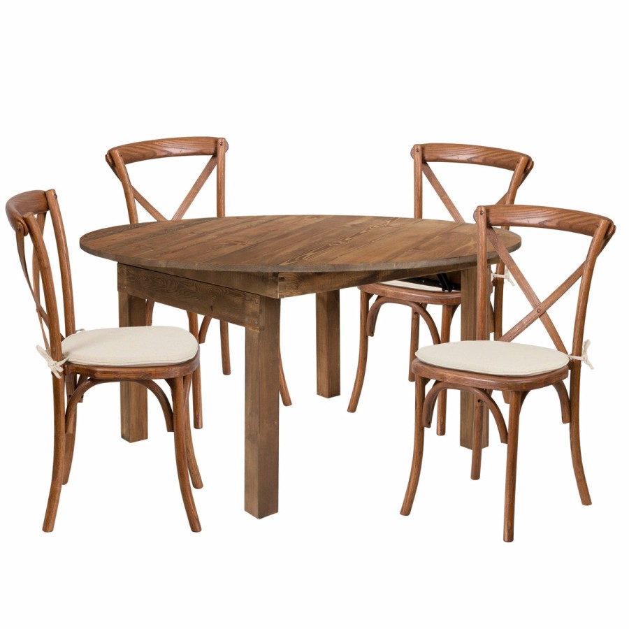 More FLASH | Hercules Series 60" Round Solid Pine Folding Farm Dining Table Set With 4 Cross Back Chairs And Cushions