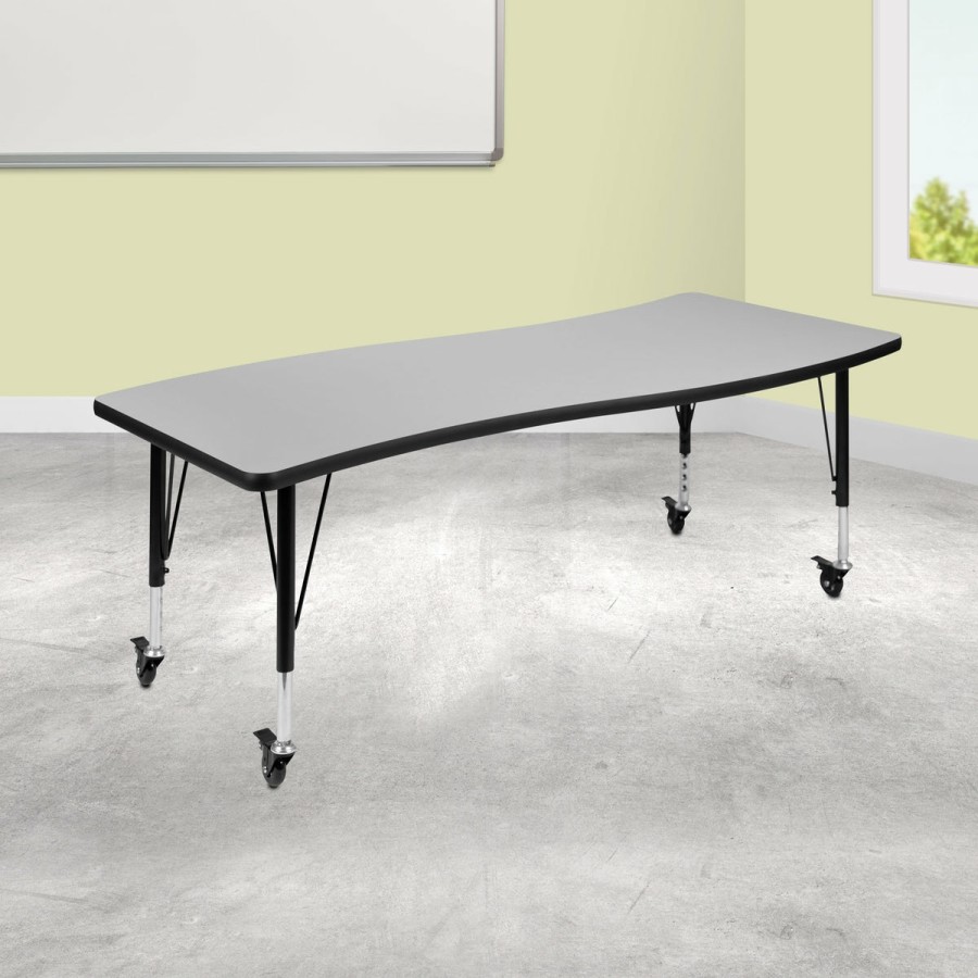 Classroom FLASH Collaborative Tables | Mobile 26"W X 60"L Rectangle Wave Flexible Collaborative Thermal Laminate Activity Table - Height Adjustable Short Legs