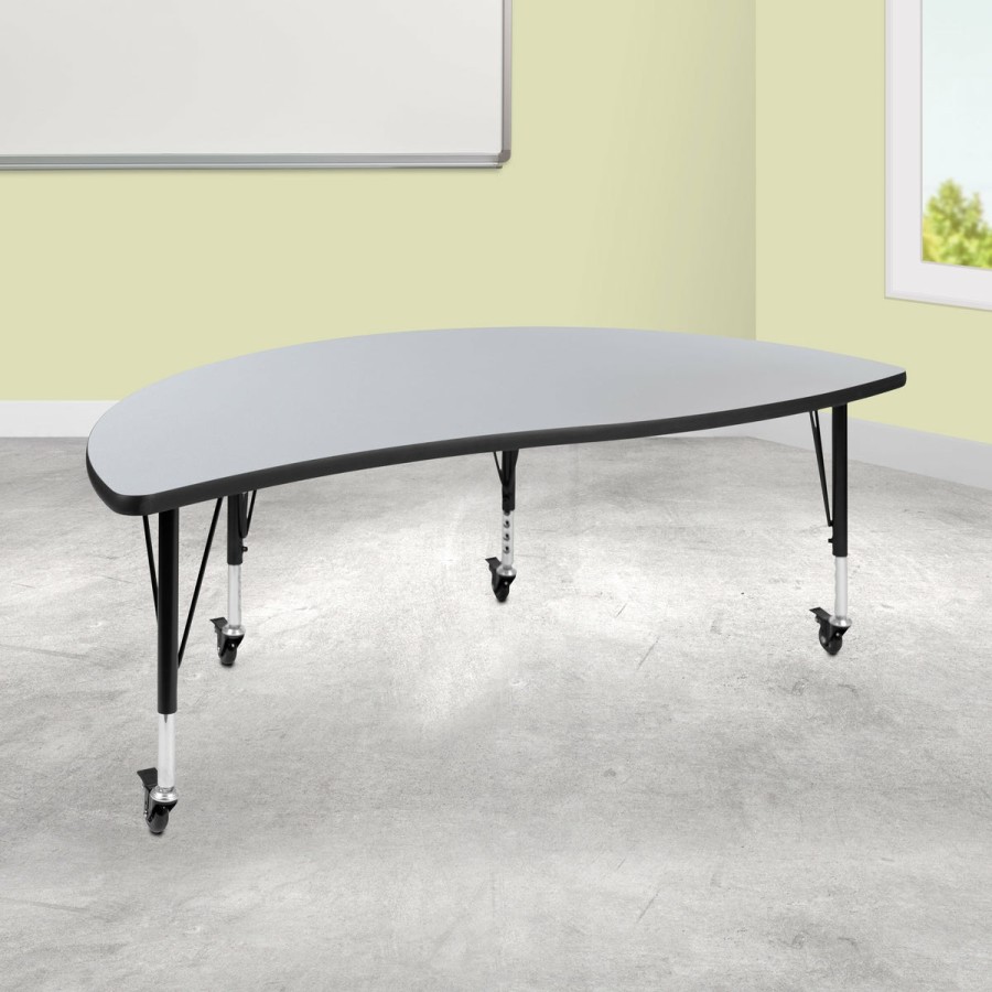 Classroom FLASH Collaborative Tables | Mobile 60" Half Circle Wave Flexible Collaborative Thermal Laminate Activity Table - Height Adjustable Short Legs