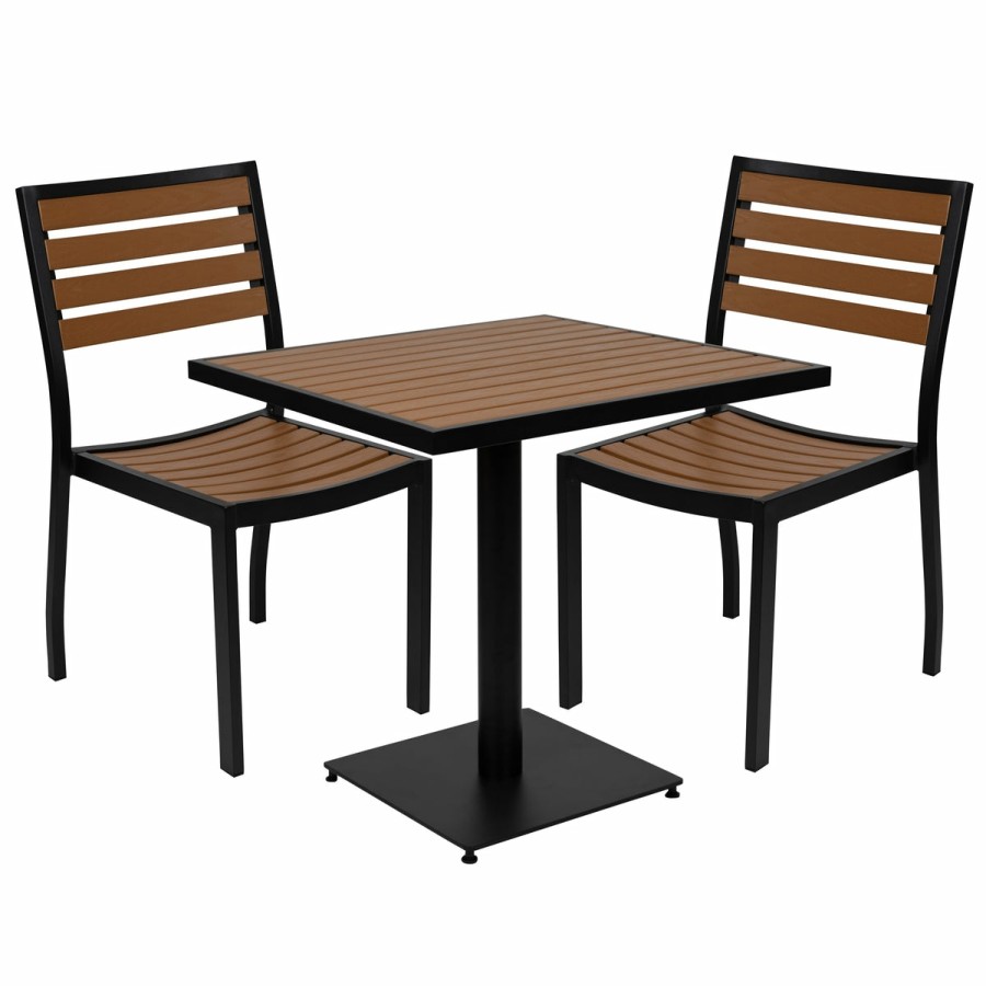 More FLASH | Lark Outdoor Patio Bistro Dining Table Set With 2 Chairs And Faux Teak Poly Slats