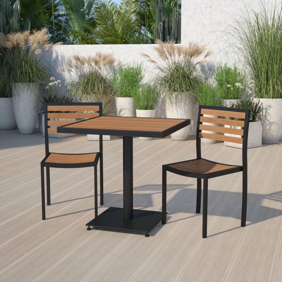 More FLASH | Lark Outdoor Patio Bistro Dining Table Set With 2 Chairs And Faux Teak Poly Slats