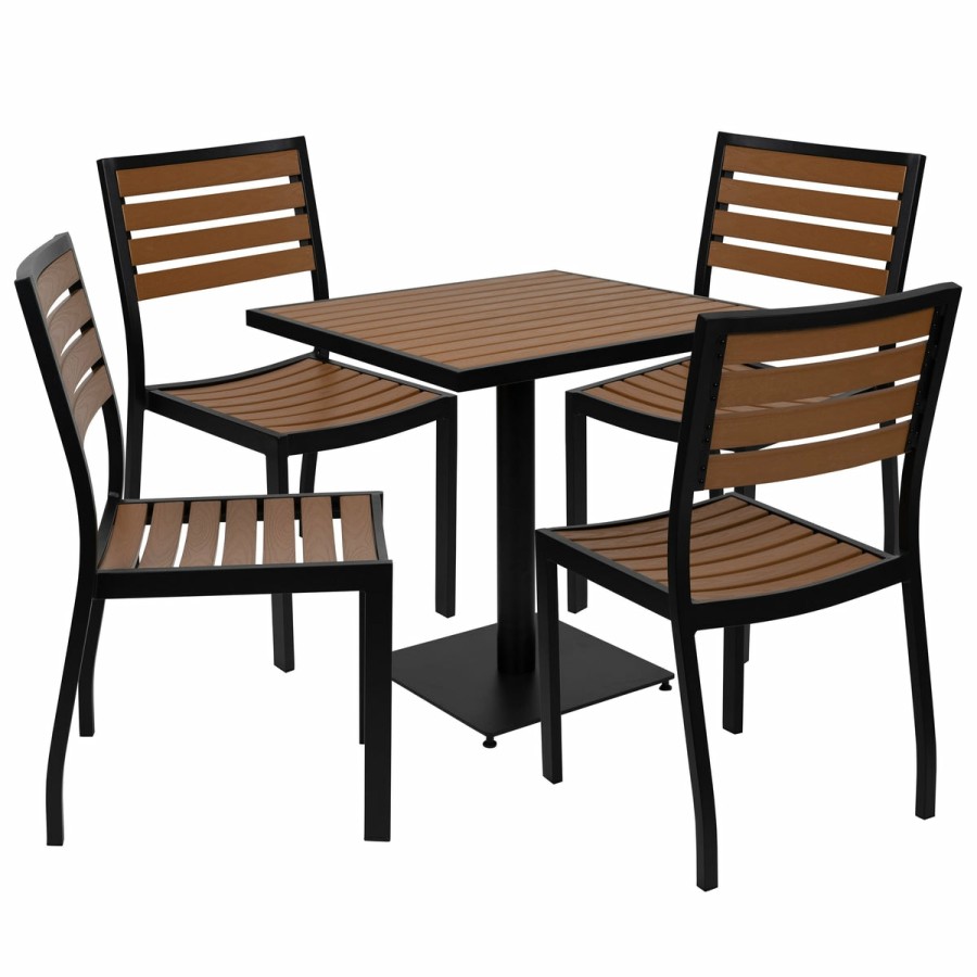 More FLASH | Lark Outdoor Patio Bistro Dining Table Set With 4 Chairs And Faux Teak Poly Slats