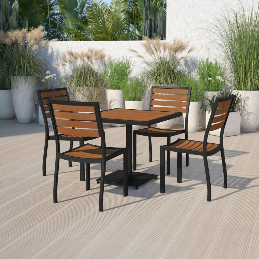 More FLASH | Lark Outdoor Patio Bistro Dining Table Set With 4 Chairs And Faux Teak Poly Slats