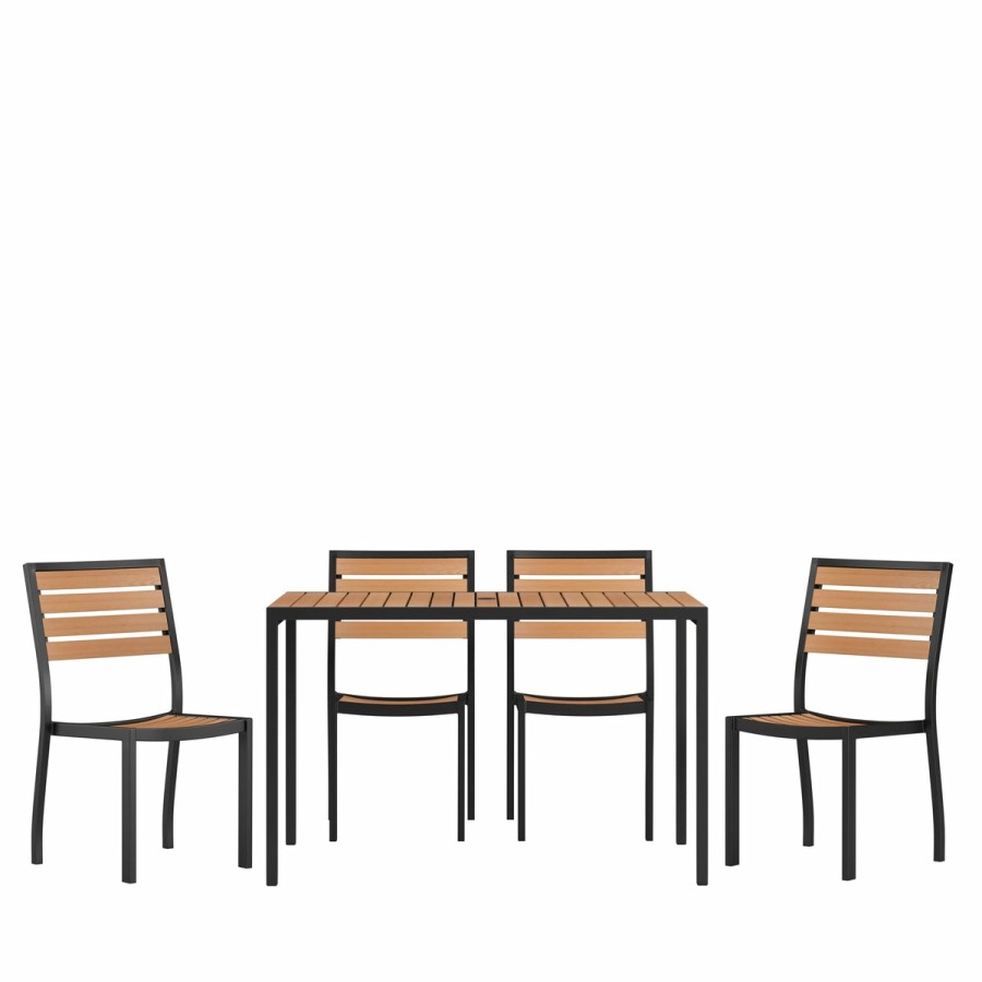 More FLASH | Lark 5 Piece Patio Table Set - Synthetic Teak Poly Slats - Lark 30" X 48" Steel Framed Table With 4 Stackable Faux Teak Chairs