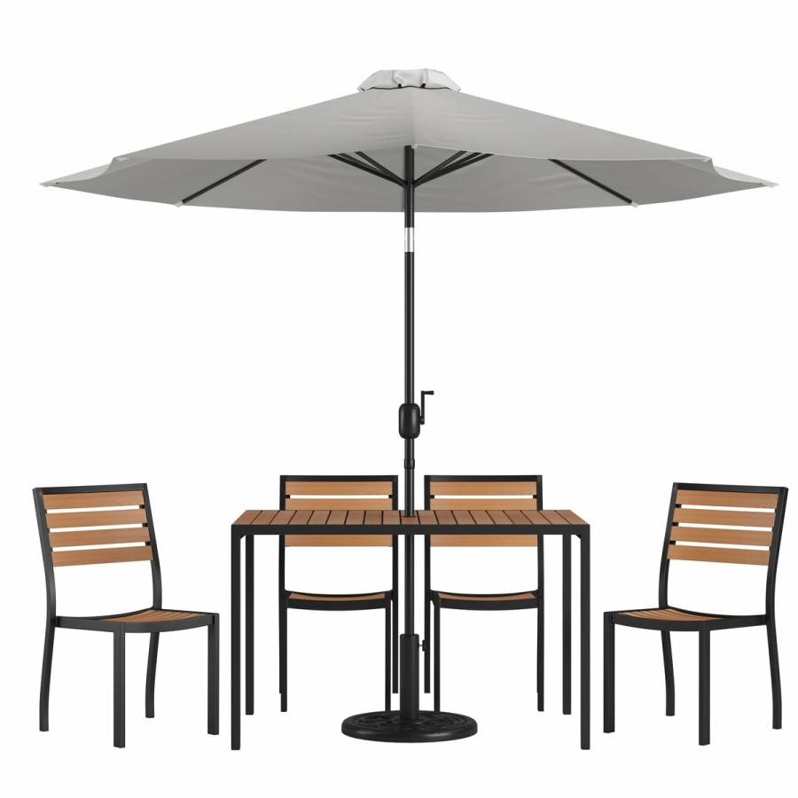 More FLASH | Lark 7 Piece All-Weather Deck Or Patio Set With Stacking Faux Teak Chairs, Faux Teak Table & Umbrella With Base