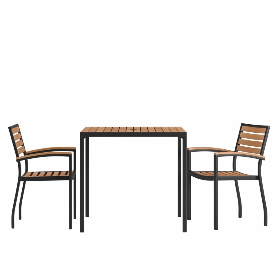 More FLASH | Lark 3 Piece Outdoor Dining Table Set - Synthetic Teak Poly Slats - Lark 3Lark 5" Square Steel Framed Table With Umbrella Hole - 2 Club Chairs