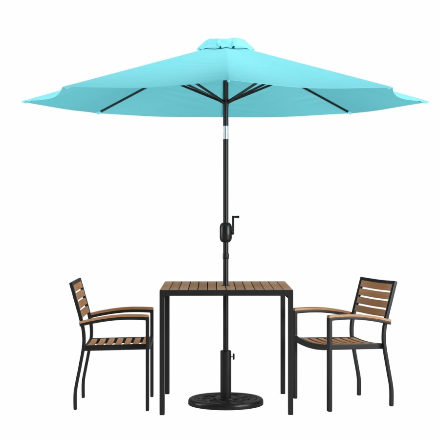 More FLASH | Lark 5 Piece Outdoor Patio Table Set With 2 Synthetic Teak Stackable Chairs, Lark 3Lark 5" Square Table & Umbrella With Base