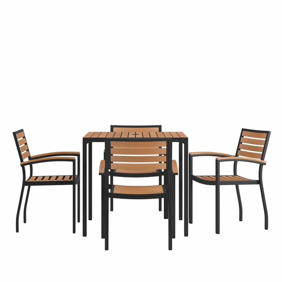 More FLASH | Lark 5 Piece Outdoor Dining Table Set - Synthetic Teak Poly Slats - Lark 3Lark 5" Square Steel Framed Table With Umbrella Hole - 4 Club Chairs