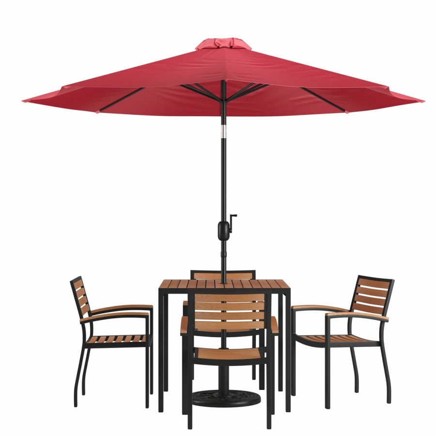 More FLASH | Lark 7 Piece Outdoor Patio Table Set With 4 Synthetic Teak Stackable Chairs, Lark 3Lark 5" Square Table & Umbrella With Base