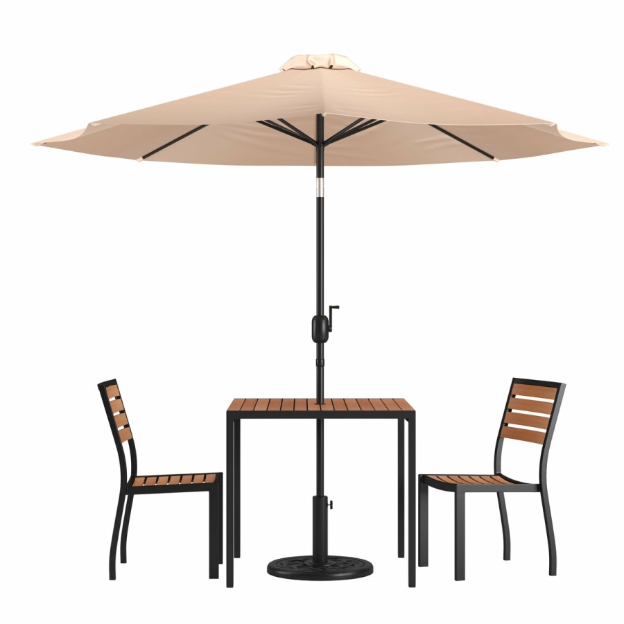 More FLASH | Lark 5 Piece All-Weather Deck Or Patio Set With Stacking Faux Teak Chairs, Faux Teak Table & Umbrella With Base