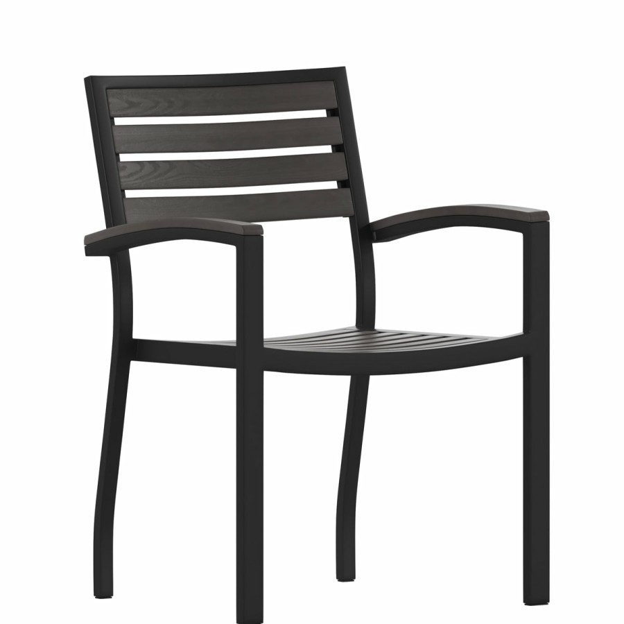 More FLASH | Lark Outdoor Stackable Faux Teak Side Chair - Commercial Grade Aluminum Patio Chair With Synthetic Teak Slats