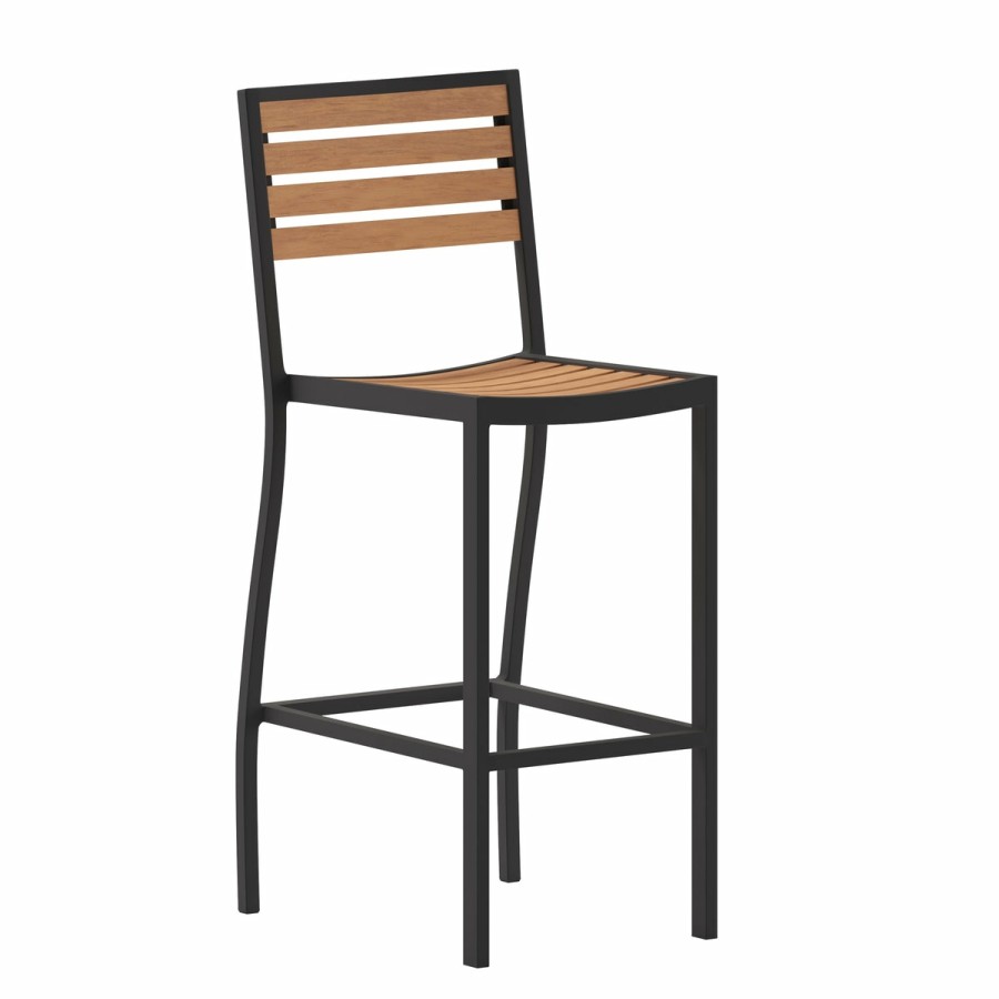 More FLASH | Lark Commercial Grade Bar Height Stool, All-Weather Outdoor Bar Stool With Faux Wood Poly Resin Slats And Aluminum Frame