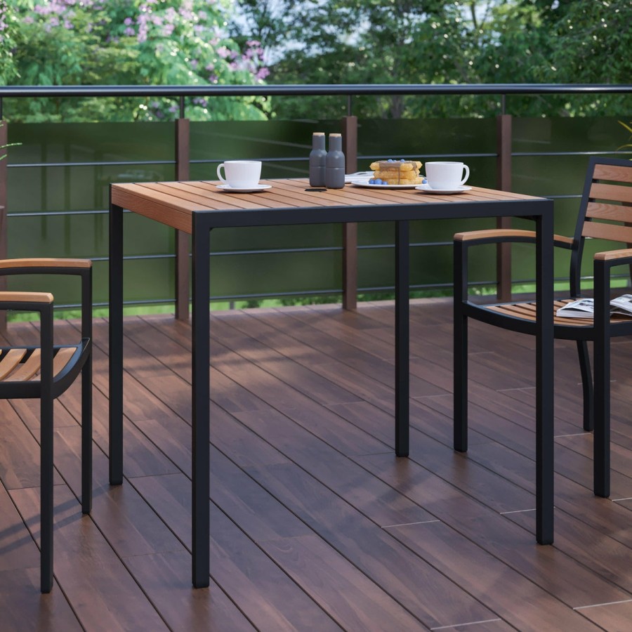 More FLASH | Outdoor Dining Table With Synthetic Teak Poly Slats - Square Steel Framed Restaurant Table With Umbrella Holder Hole