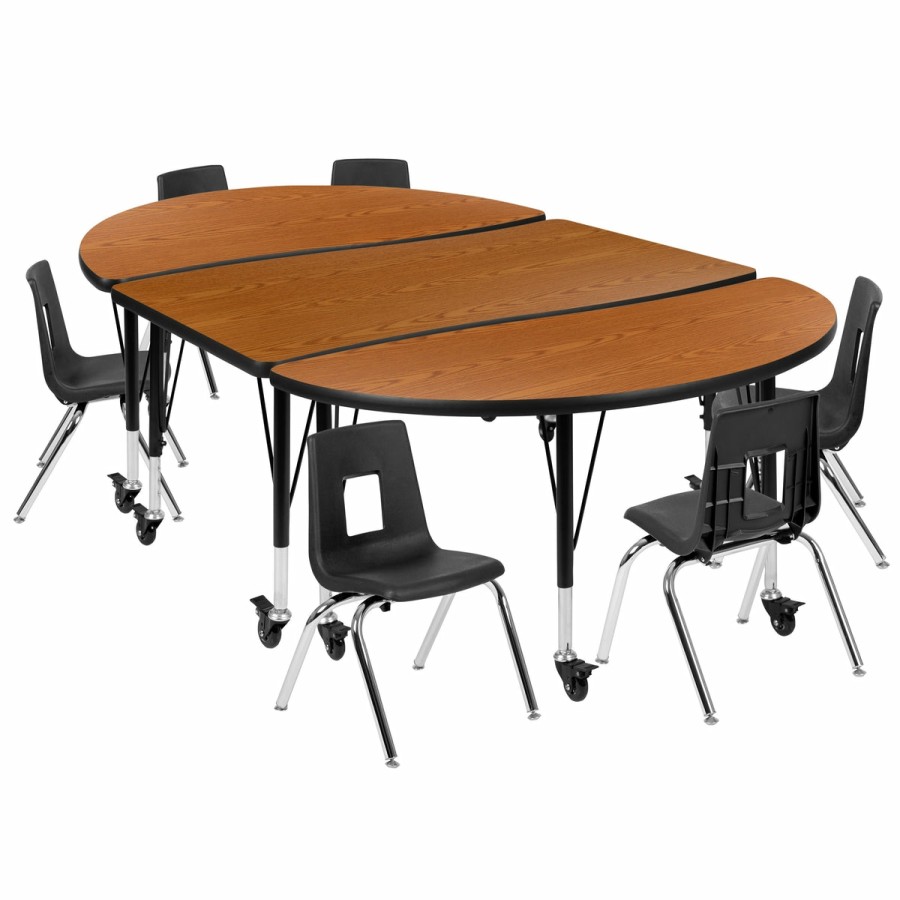 Classroom FLASH Activity Sets | Mobile 76" Oval Wave Flexible Laminate Activity Table Set With 12" Student Stack Chairs