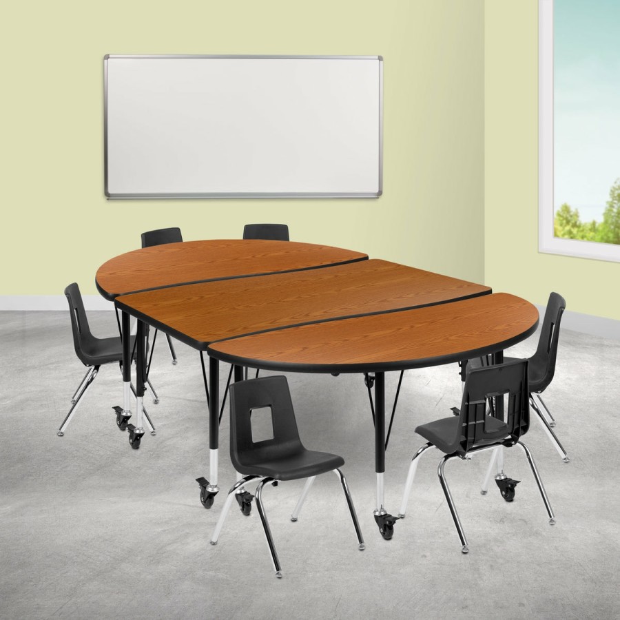 Classroom FLASH Activity Sets | Mobile 76" Oval Wave Flexible Laminate Activity Table Set With 12" Student Stack Chairs