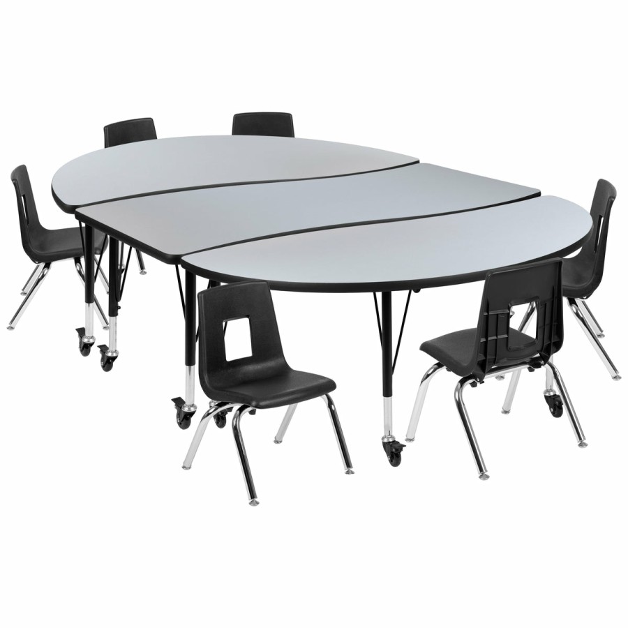 Classroom FLASH Activity Sets | Mobile 86" Oval Wave Flexible Laminate Activity Table Set With 12" Student Stack Chairs