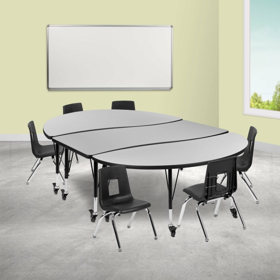 Classroom FLASH Activity Sets | Mobile 86" Oval Wave Flexible Laminate Activity Table Set With 12" Student Stack Chairs