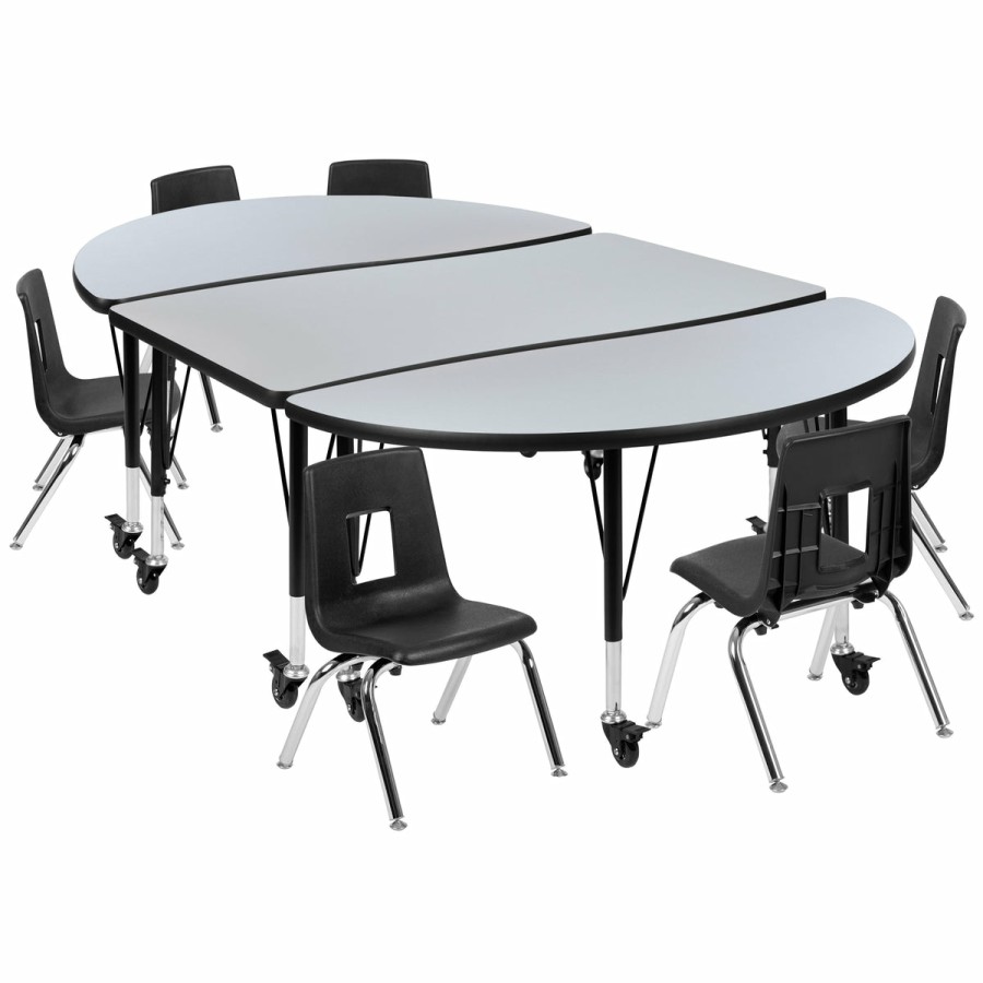 Classroom FLASH Activity Sets | Mobile 76" Oval Wave Flexible Laminate Activity Table Set With 14" Student Stack Chairs