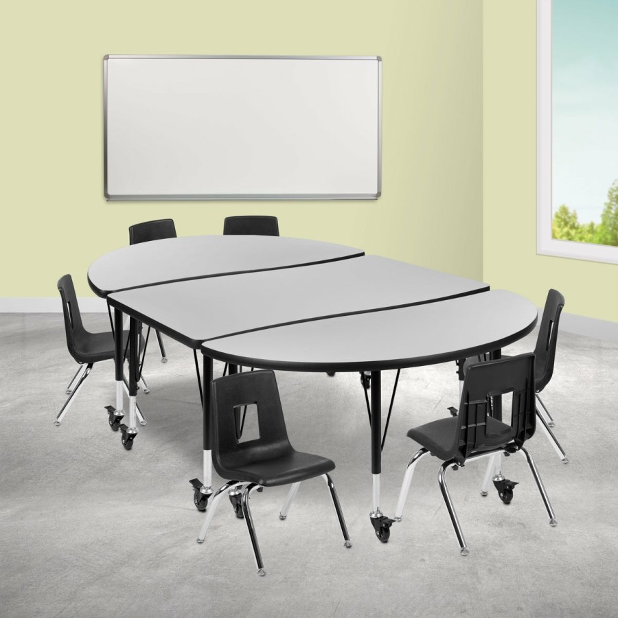 Classroom FLASH Activity Sets | Mobile 76" Oval Wave Flexible Laminate Activity Table Set With 14" Student Stack Chairs