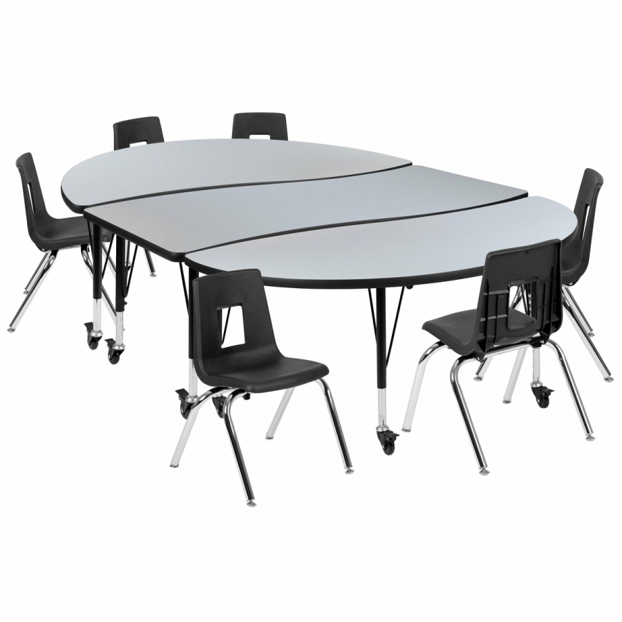 Classroom FLASH Activity Sets | Mobile 86" Oval Wave Flexible Laminate Activity Table Set With 14" Student Stack Chairs