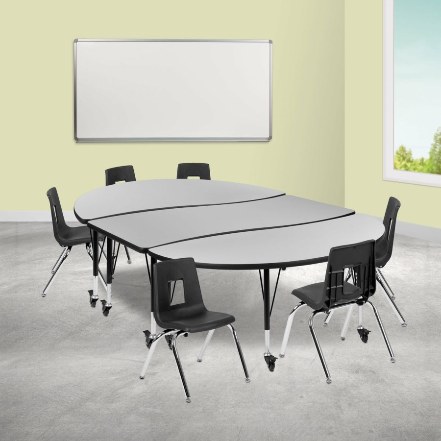 Classroom FLASH Activity Sets | Mobile 86" Oval Wave Flexible Laminate Activity Table Set With 14" Student Stack Chairs