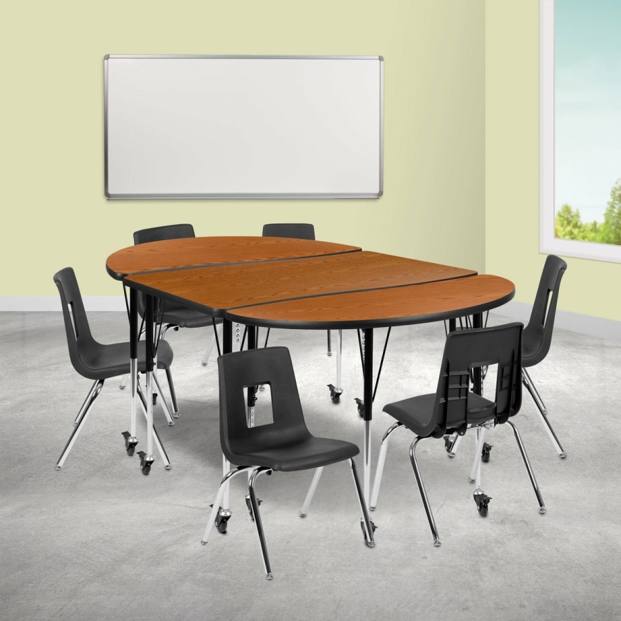 Classroom FLASH Activity Sets | Mobile 76" Oval Wave Flexible Laminate Activity Table Set With 16" Student Stack Chairs